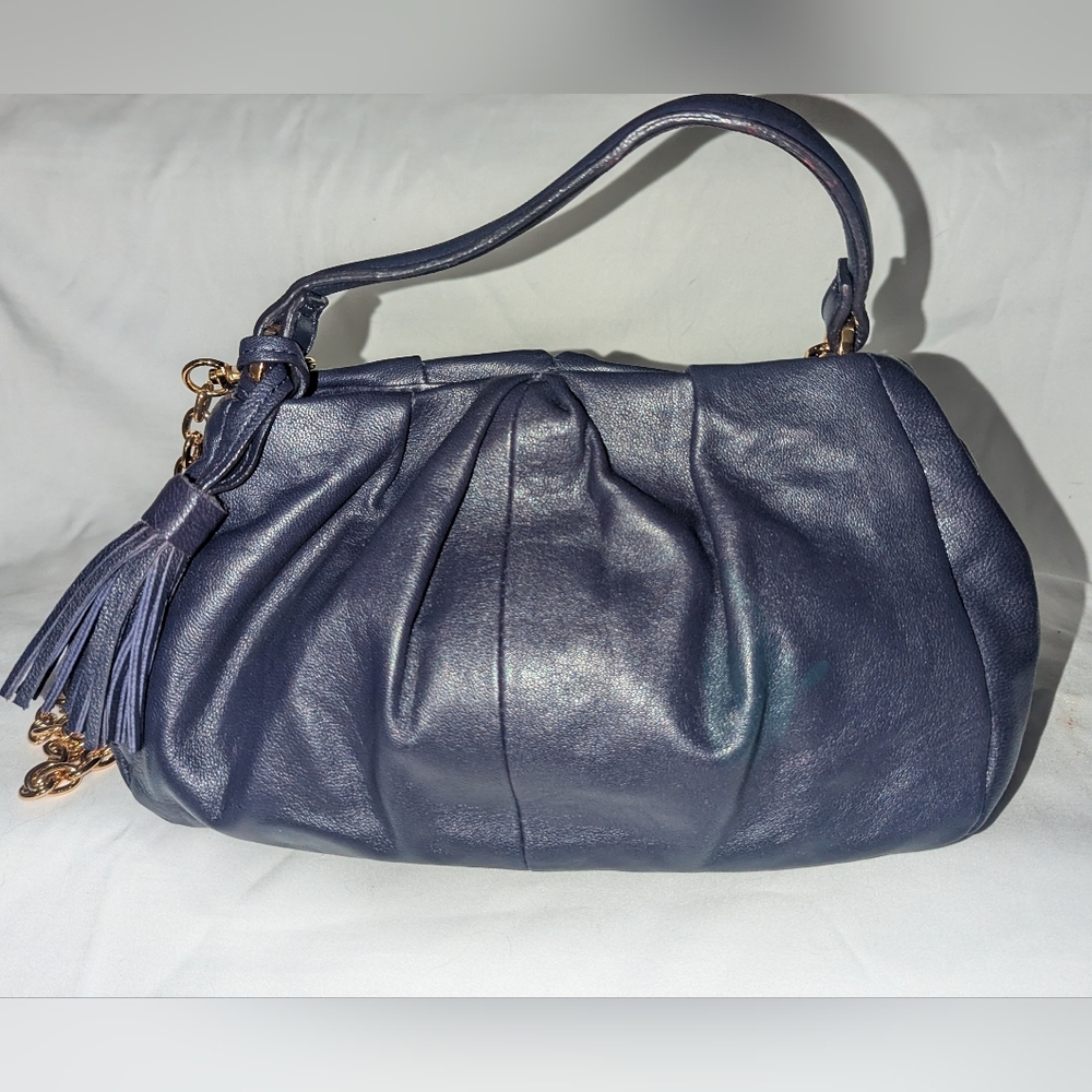 Alfani Navy Leather Ruched Y2K Shoulder Bag with Tassel And Gold Chain Accent
